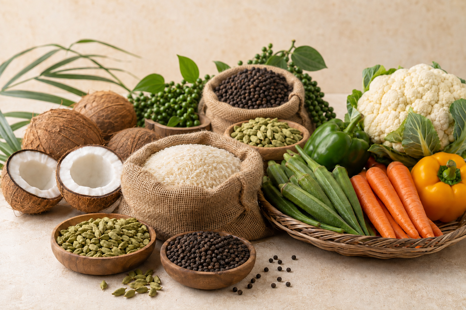 Coconuts, cardamom, black pepper, rice and fresh vegetables